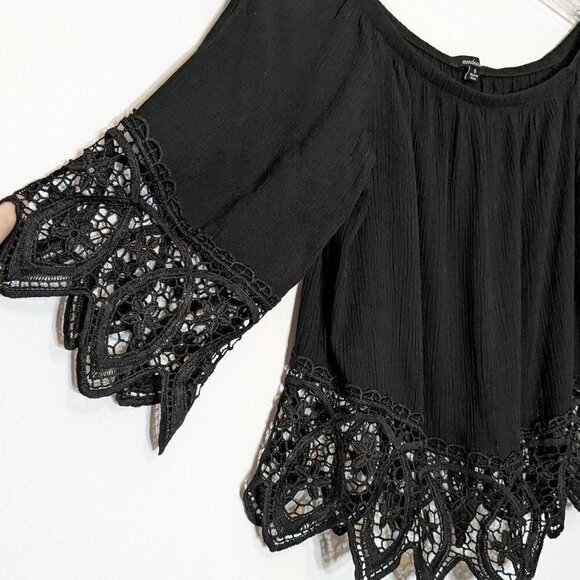 WOMEN'S "Ambiance" Short Black Crepe Peasant Top w Black Lace; Size S - Picture 2 of 5